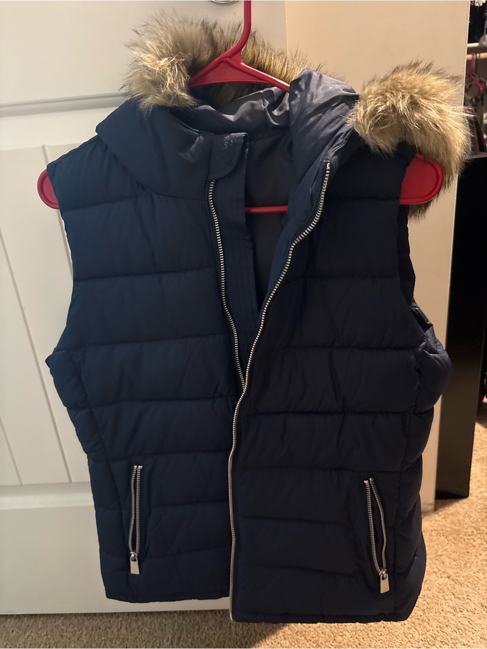 GAP Navy Quilted Puffer Vest with Faux Fur Hood Trim